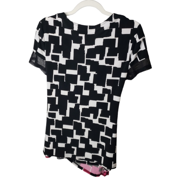 Joseph Ribkoff Faux Wrap Tunic Bold Geometric Rouched QR Code Print Mod Vacation - Picture 14 of 15